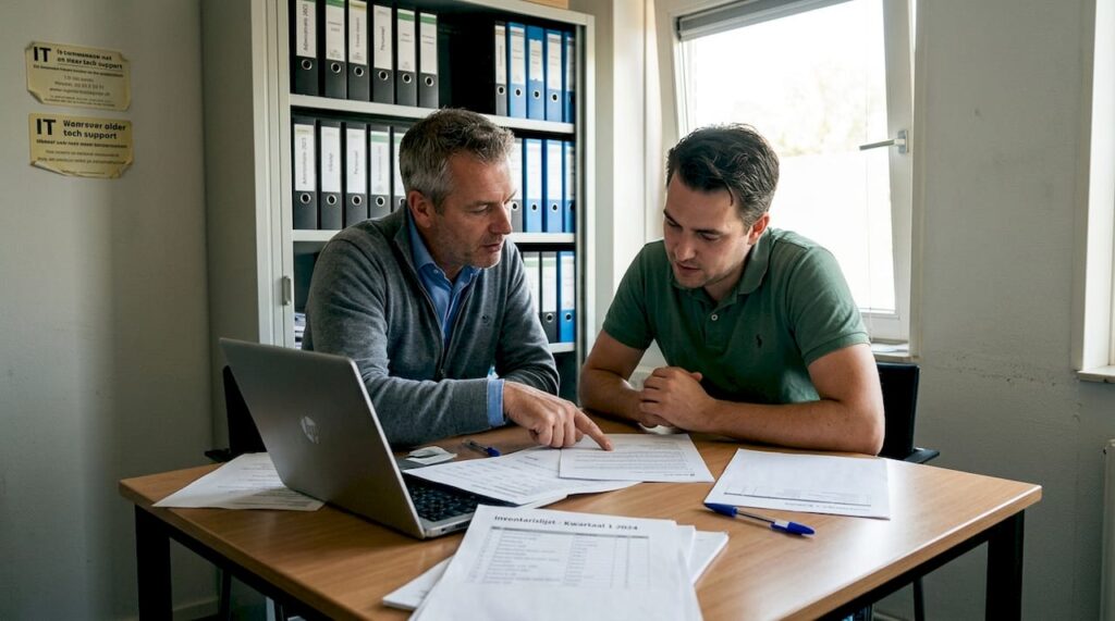Een MKB-ondernemer bespreekt samen met collega’s welke IT-voorzieningen nodig zijn voor het bedrijf.