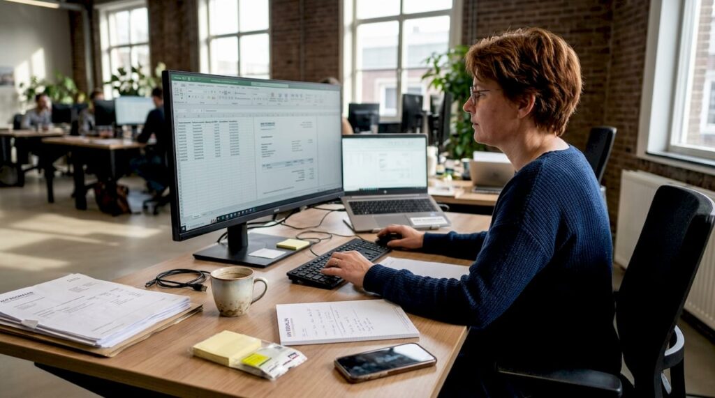 Ondernemer uit het mkb loopt digitale facturen na op kantoor