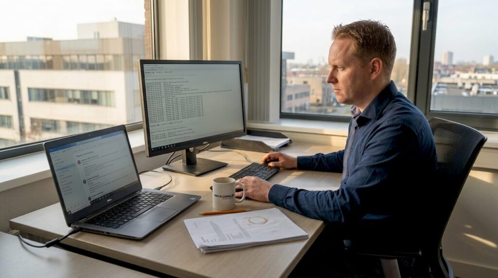 De IT-beheerder loopt de onderhoudslogboeken na op kantoor.