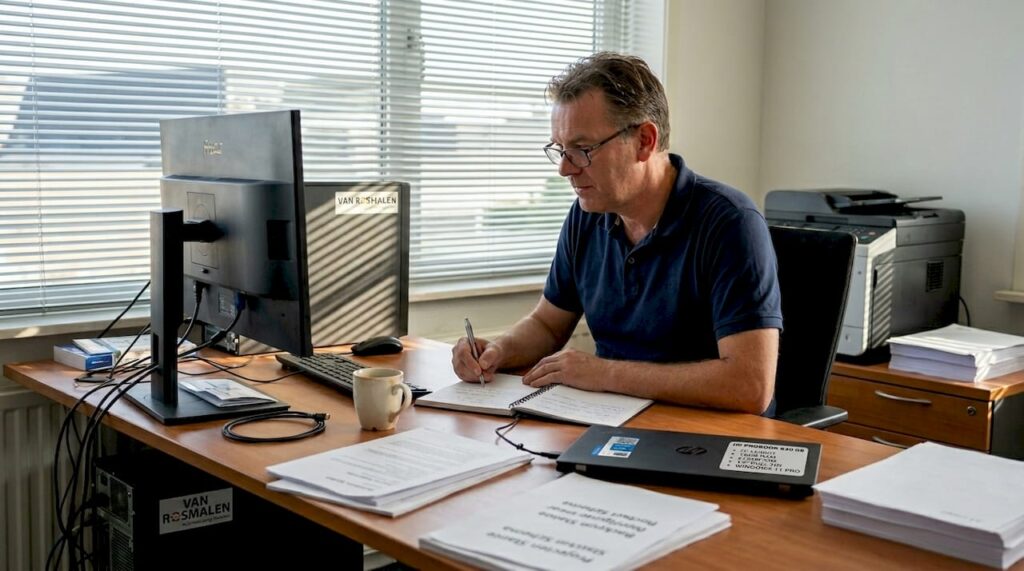 Een IT-manager zit achter zijn bureau en werkt aan het plannen van een overstap naar de cloud.