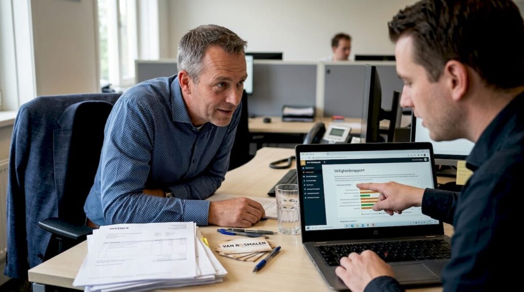 Een mkb-ondernemer en een IT-specialist gaan samen om de tafel om de digitale beveiliging van het bedrijf te bespreken.