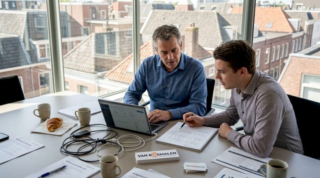 Aan de vergadertafel buigen ondernemers zich samen over nieuwe softwareoplossingen.