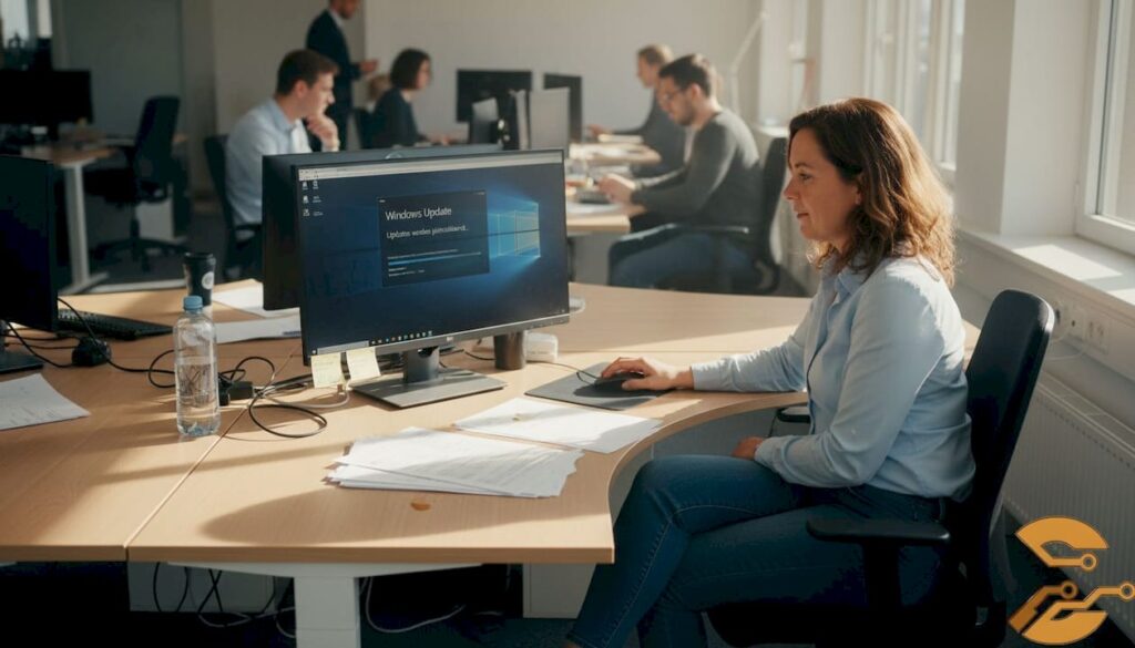 De IT-manager zit aan zijn bureau te werken op een typisch mkb-kantoor.