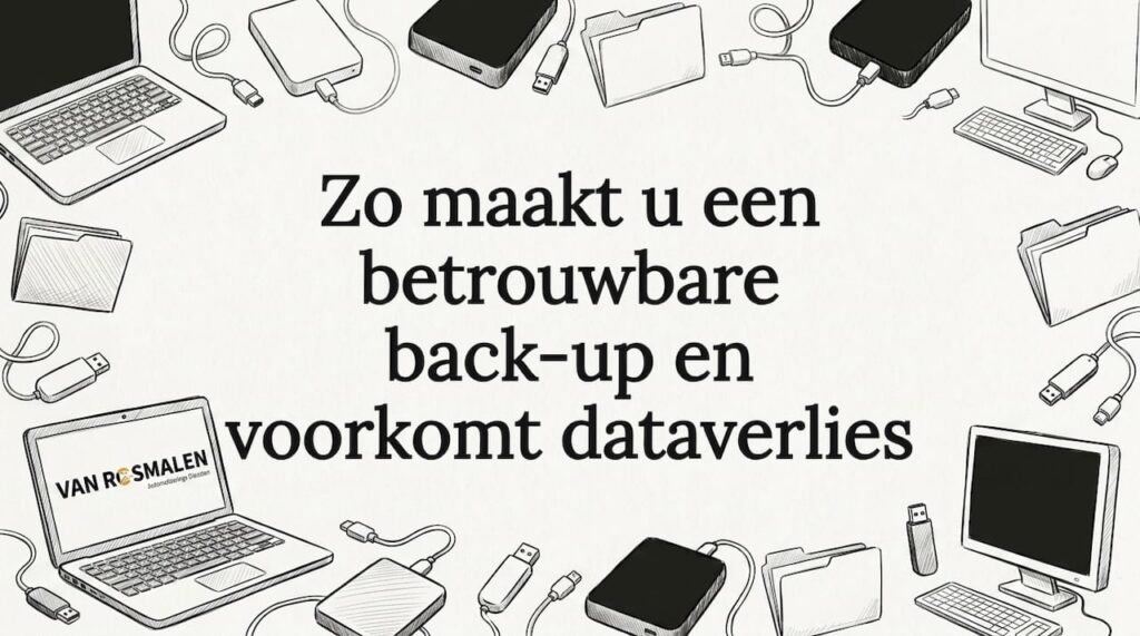 Stijlvolle titelkaart met IT-hardware rondom een leeg centraal vlak