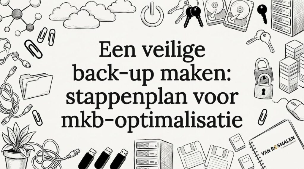 Met de hand getekende titelkaart met hardware, wolken, USB-sticks en typische kantoorspulletjes.